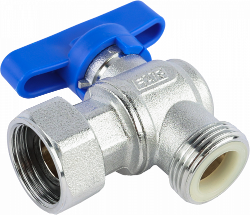 Кран шаровой FAR 3/4"EU(TP)-3/4", НР-накидная гайка EPDM, угловой, син. бабочка, хром